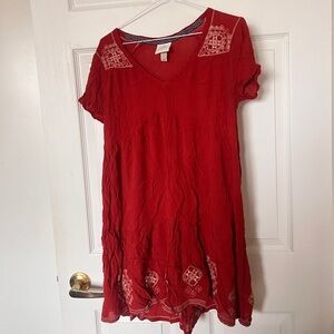 Embroidered V-Neck Tunic Dress Burnt Orange